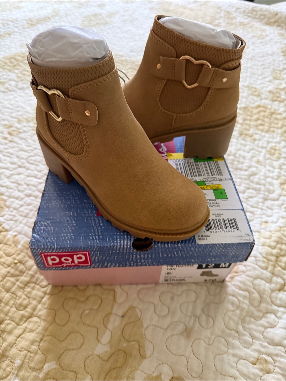 Tan PoP Girls Ankle Boots with Heart Buckle
